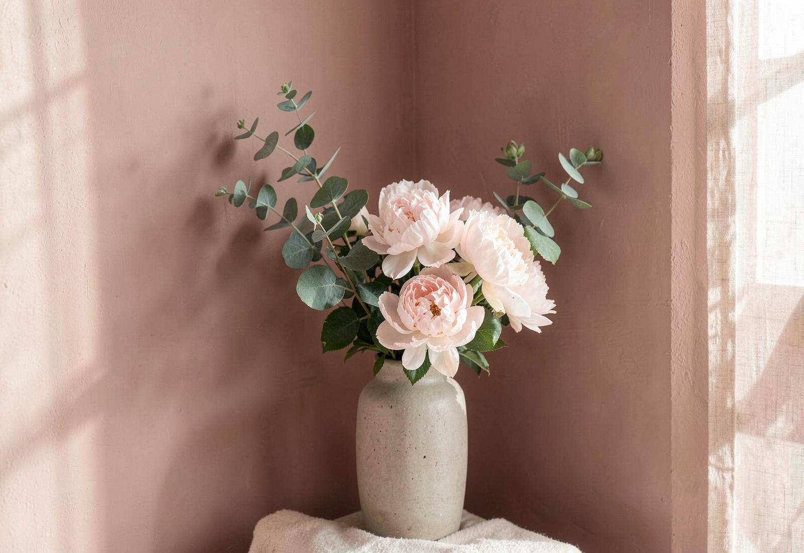 Rincón de spa con peonías rosas y eucalipto sobre pared en tono rosa
